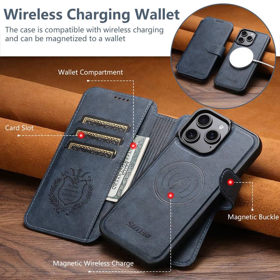 Suteni Magnetische Flip-Hülle aus Kunstleder mit Kartenhalter und kabellosem Laden für iPhone 17 Pro Max 16 Plus 15 14 13 12 in Blau - Bild 2
