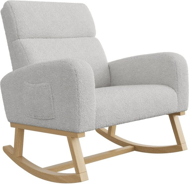 PXloue Schaukelstuhl mit Massivholzgestell und Bouclé-Bezug in Grau für Wohnzimmer und Garten - Bild 1
