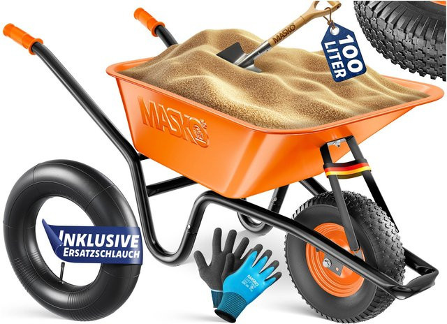 MASKO Schubkarre mit 100 Litern Volumen und Luftreifen, verzinkter Stahlrahmen für bis zu 250 kg Traglast, inklusive Arbeitshandschuhen - Bild 1