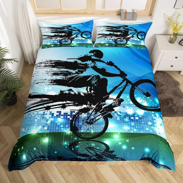 Binchi Fitness Bettwäsche Set Motocross Rennfahrer mit Fahrrad-Design, Blau, B/H: 140 x 200 cm - Bild 1