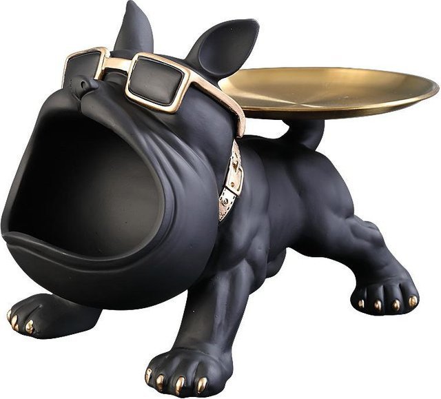 Nordische Dekor-Skulptur von Yiran Furniture, Französische Bulldogge mit Metalltablett in Schwarz aus Harz - Bild 1