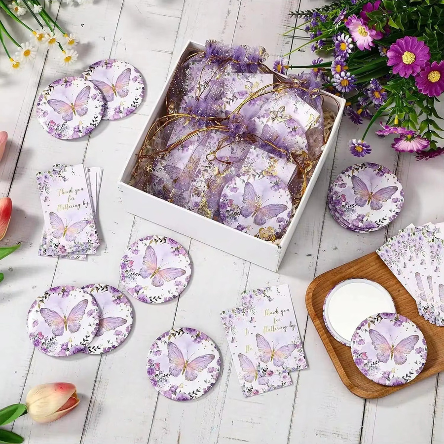Schmetterlings-Motto-Partygeschenkset mit 10 Kompaktspiegeln, Dankeskarten und Organzabeuteln in Lila, 30 Teile - Bild 2