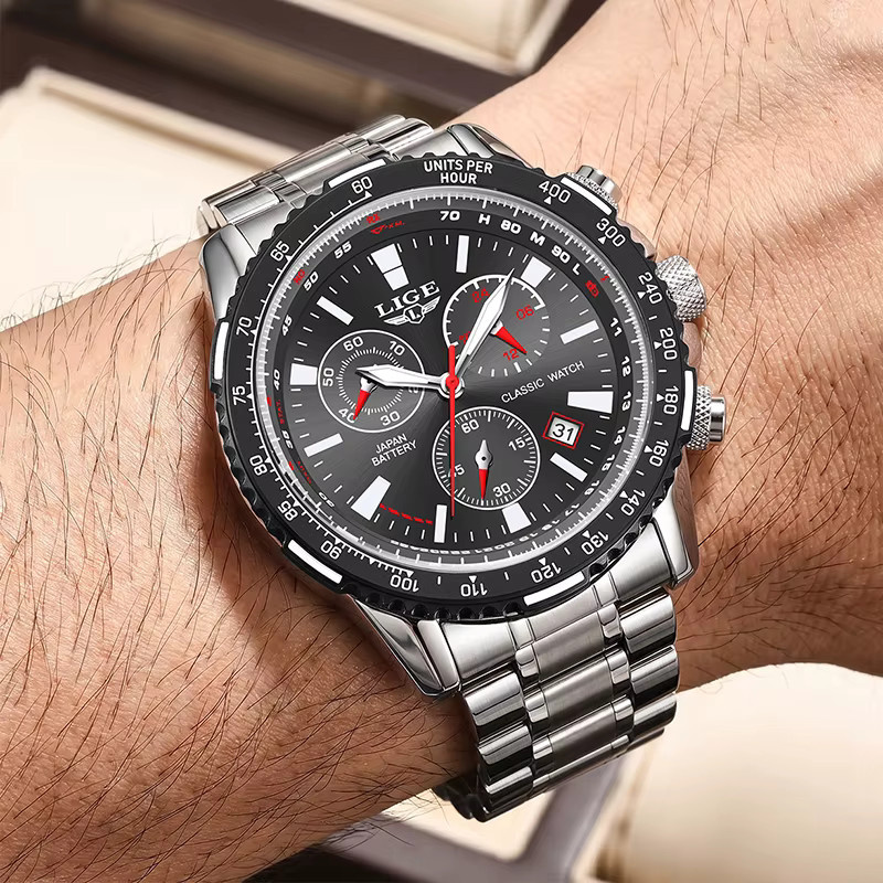 LIGE Chronograph Armbanduhr, Quarz, Edelstahl, Schwarz, Herren - Bild 5