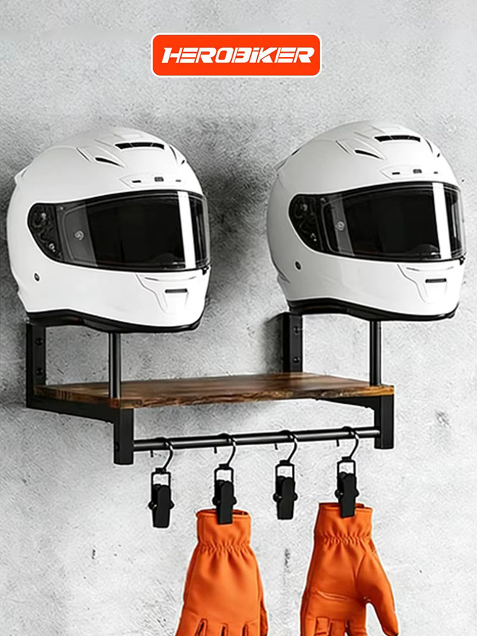 HEROBIKER Motorradhelm-Wandhalterung aus Holz mit verstellbaren Haken in Schwarz und Braun - Bild 5