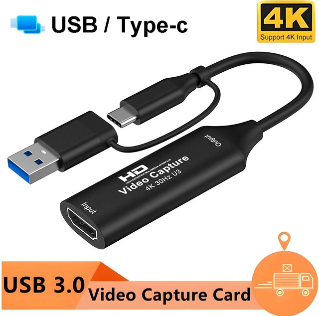 KOJESHUN 2-in-1 Video Capture Card mit USB 3.0 und USB Typ-C, 4K UHD HDMI Game Grabber für Nintendo Switch, Xbox und PS4/5 zur Live-Übertragung in Schwarz und Grau - Bild 1