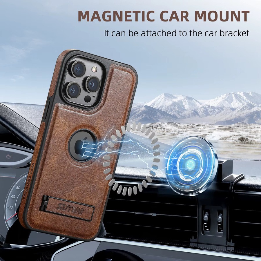 Luxus Magnetische Leder Handyhülle mit Auto-Ständer für iPhone 17 Air 17 Pro Max 16 Pro 15 14 13 12 Pro Max in Schwarz und Braun - Bild 4