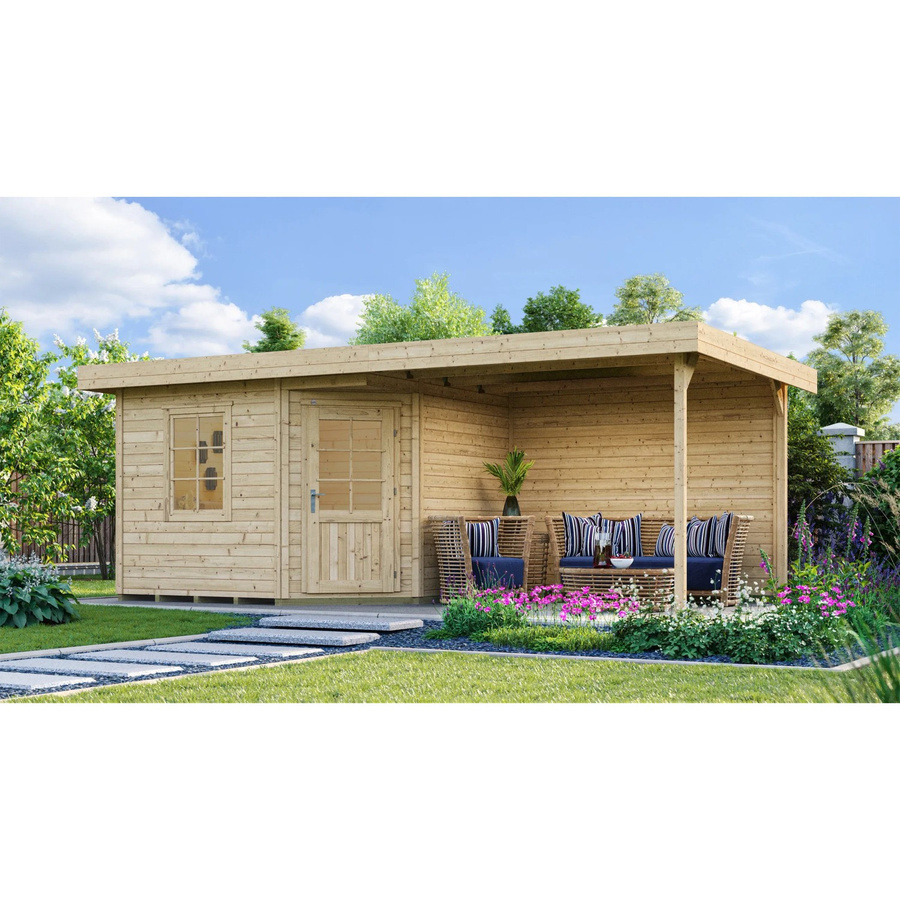 WEKA Gartenhaus 213 Plus Gr.2 B aus europäischer Fichte mit Flachdach und Vordach in Beige, B/T: 645 x 298 cm - Bild 2