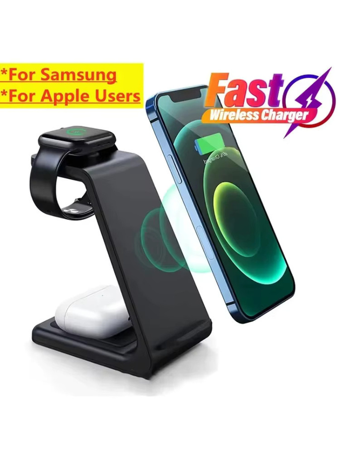 VIKEFON 3-in-1 Kabelloses Ladegerät Schnellladestation für Apple iPhone, Samsung Galaxy, Apple Watch und Kopfhörer in Schwarz - Bild 7