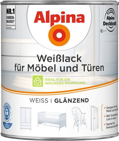 Alpina Weißlack für Holz und Möbel, glänzend, weiß, 0,75 l - Bild 1