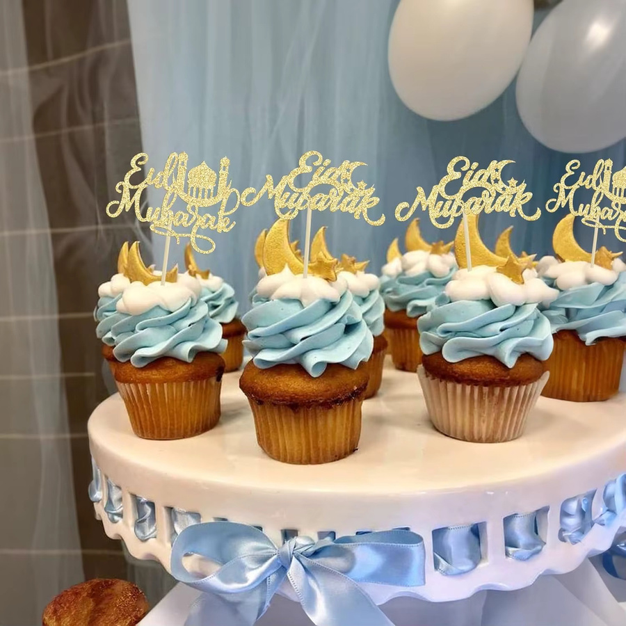 24er-Pack Eid Mubarak Cupcake Topper mit Glitzer Stern und Mond in Gold für Ramadan Kareem und islamische Partydekoration - Bild 3