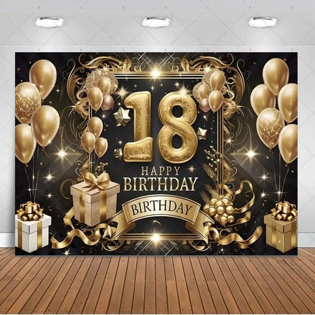 PopPartyLab Party Dekoration Hintergrund für den 18. Geburtstag in Schwarz und Gold mit Glitzer-Effekt, B/H: 200 x 150 cm - Bild 1