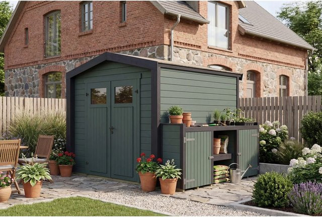 Weka Holz-Gartenhaus Killarney mit Satteldach in Grau-Grün lasiert, B/T/H: 294 x 248 x 246 cm - Bild 1