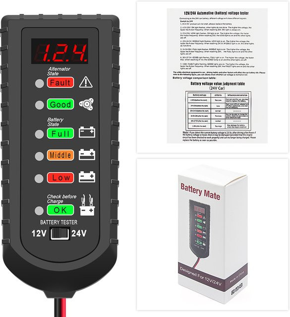 JFIND Multifunktionaler Auto Batterie Tester und Lichtmaschine Tester mit LED-Anzeige für 12V und 24V in Schwarz - Bild 1