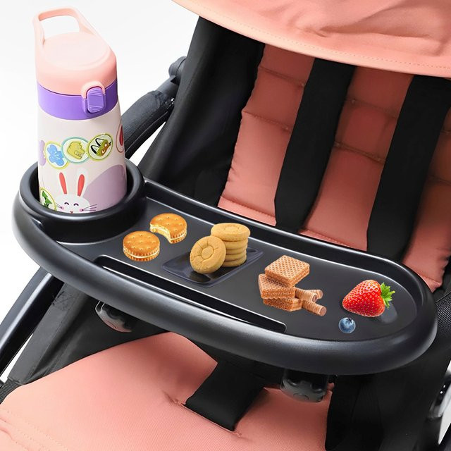 Abnehmbares Kinderwagen-Snack-Tablett mit Getränkehalter und verstellbarer Schnalle in Schwarz - Bild 1