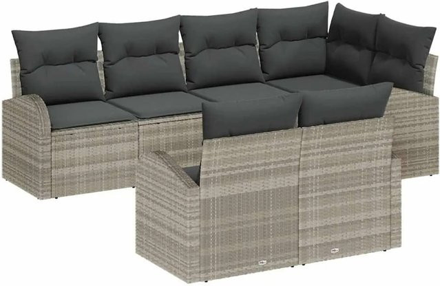 vidaXL Garten-Sofa-Set aus Polyrattan in Hellgrau, 7-teiliges L-Shape Lounge-Set mit Kissen und Polstern - Bild 1