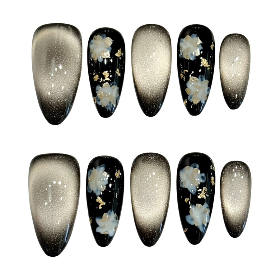 YADORNOS Kunstnägel, Katzenaugen-Design mit Goldfolien-Blumen, 10 Stück, glänzend - Bild 5