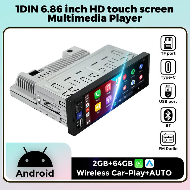 NaviFly Android Autoradio mit 6,86 Zoll Display, 64G Speicher, Wireless CarPlay und FM, Schwarz - Bild 1