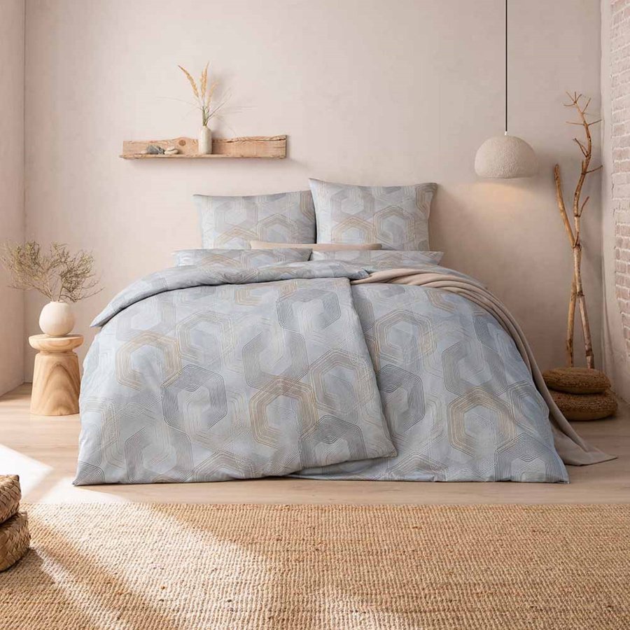 Estella Mako-Satin Bettwäsche Sereno Silber Beige Retro Sechseck mit Bettbezug und Kissenbezug, B/H: 135 x 200 cm, Kissen: 40 x 80 cm - Bild 1