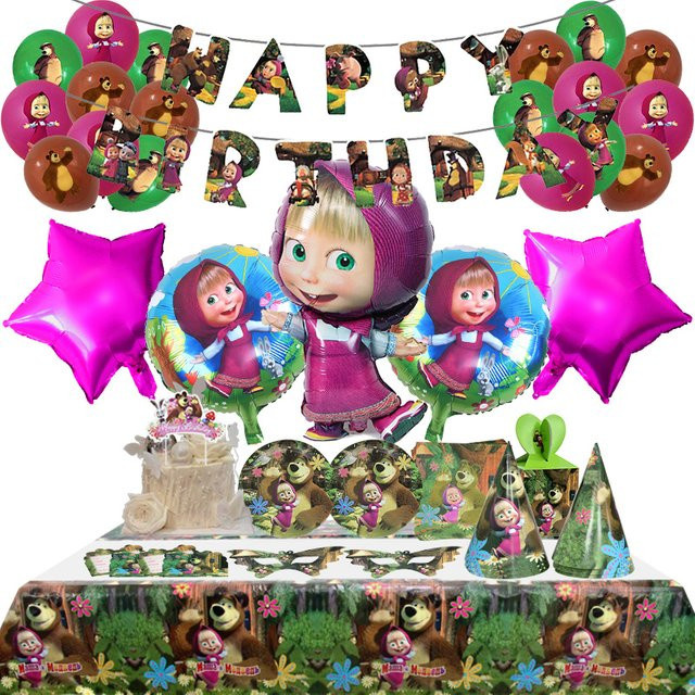 Disney Mashass und Bär Geburtstag Party Dekoration Set mit Hintergrund Banner Ballons und Einweggeschirr in Mehrfarbig - Bild 1