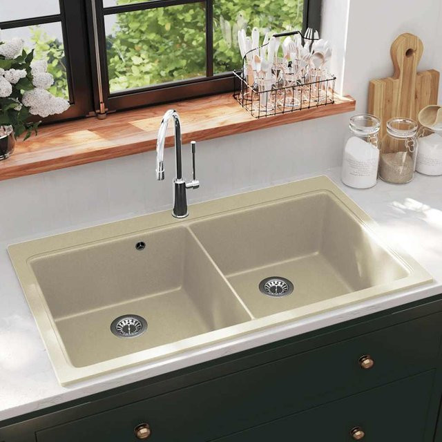 vidaXL Granit-Doppelspüle aus Granit-Verbundwerkstoff in Beige - Bild 2