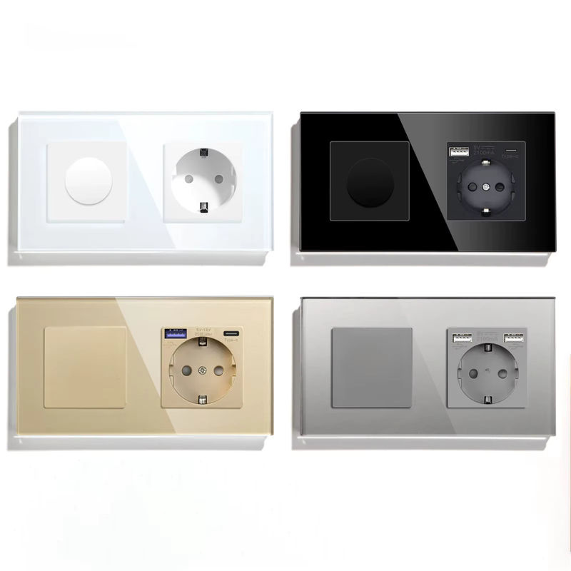 BSEED Mechanischer Dimmer mit EU-Steckdose und USB Typ-C-Anschluss, LED dimmbarer Lichtschalter mit Glasrahmen in Grau und Transparent - Bild 3