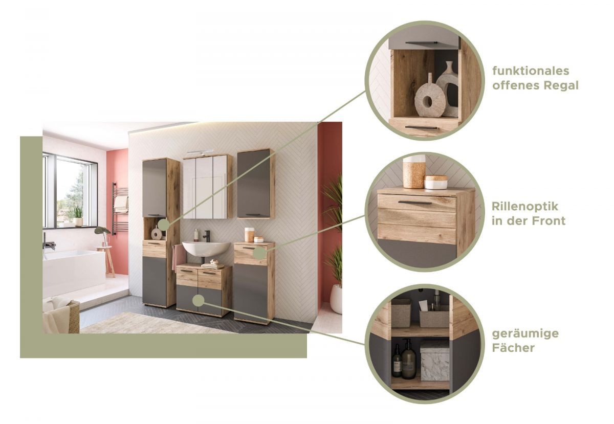Inn.Furn Badezimmer Hochschrank Tomaso in Eiche und Grau mit Soft-Close, B/T/H: 37 x 34 x 190 cm - Bild 2