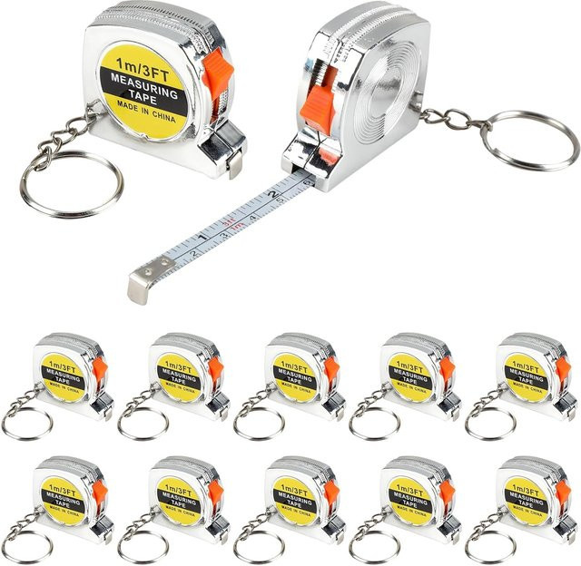 12er-Pack Mini-Maßband-Schlüsselanhänger aus Metall, silberfarben, tragbar und einziehbar mit Schiebeschloss - Bild 1