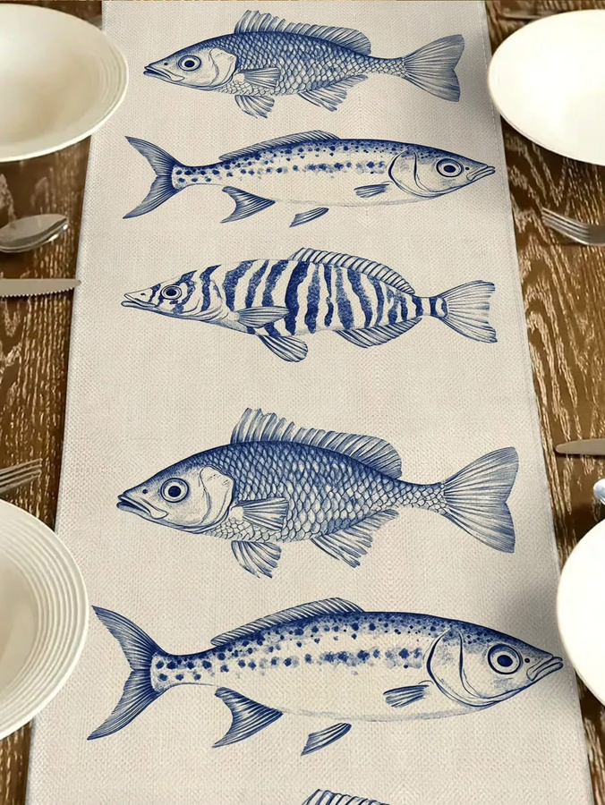JIT Tischläufer mit Fischmuster in Blau und Weiß im maritimen Stil aus Leinen - Bild 4