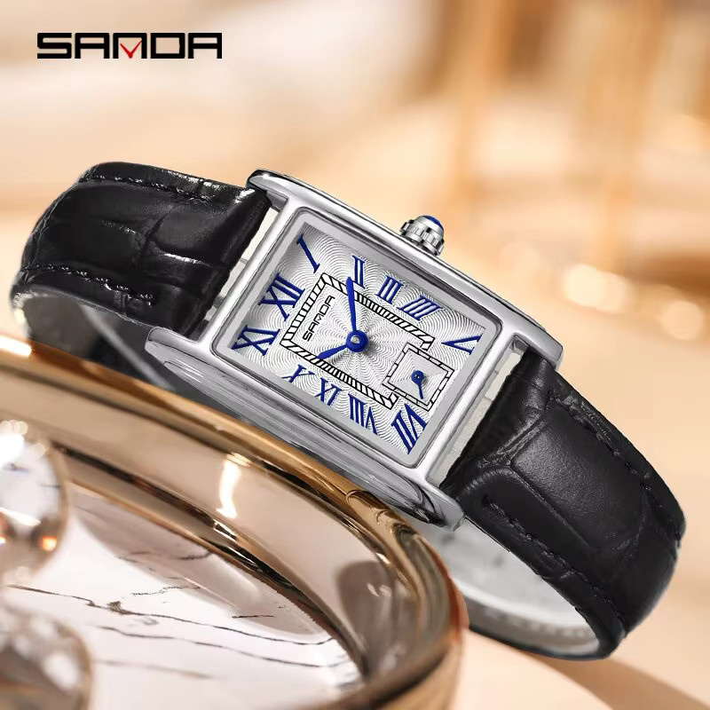 SANDA Armbanduhr, Quarz, rechteckig, Leder, Gold, Weiß, Damen - Bild 2