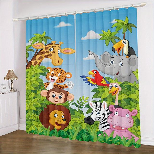 2er-Set Vorhänge mit Cartoon Tierprint Fuchs Löwe Giraffe in Blau, Breite: 100 cm, Höhe: 130 cm - Bild 1