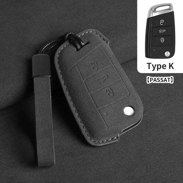 Wildleder Auto Klappschlüssel Hülle für VW Volkswagen Golf 7 MK7 Tiguan MK2 T-roc T-cross Skoda Octavia Kodiaq Karoq Seat Ateca Leon in Grau - Bild 1
