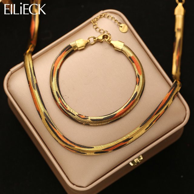 EILIECK Schmuck-Set Halskette und Armband, Edelstahl, Gold, Damen - Bild 1
