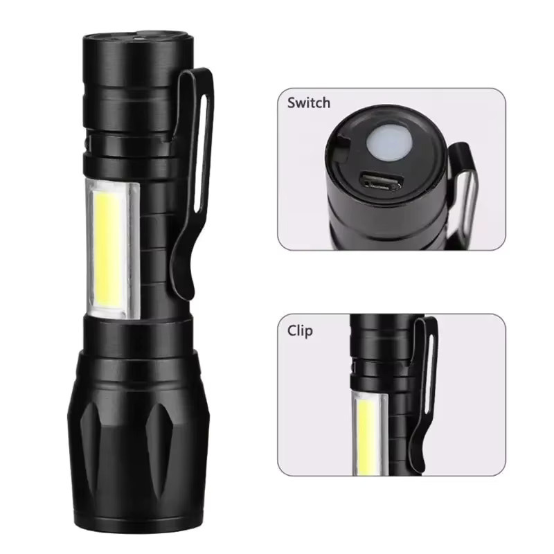 BALDR Mini-LED-Taschenlampe mit COB und XPE, tragbare taktische Taschenlampe mit USB-Aufladung, zoombarem Fokuslicht und Stiftclip, Schwarz - Bild 2