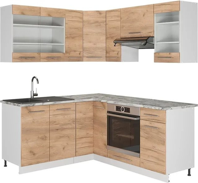 Vicco Fame-Line Eckküche Goldkraft Eiche Weiß mit Marmor-Optik B/T/H: 160 x 190 cm - Bild 1