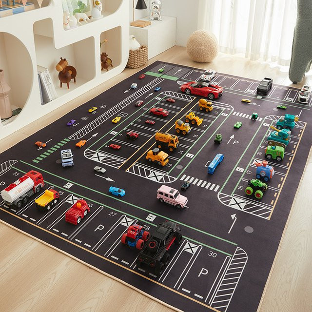 VIKAMA Kinder Teppich mit Auto-Verkehr-Motiv aus Kristall-Samt für Spielzimmer, Wohnzimmer und Schlafzimmer - Bild 1