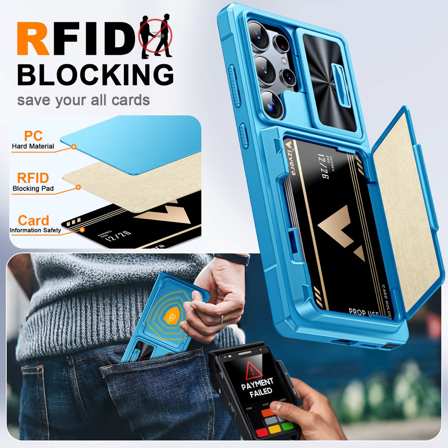Samsung Galaxy S25 Ultra Wallet Case mit Kartenhalter, verschiebbarer Kameraabdeckung und Ständer in Schwarz oder Blau - Bild 2