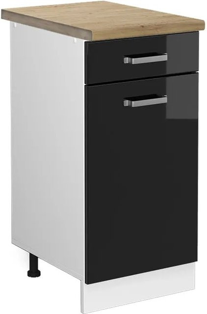 Vicco Küchenunterschrank R-Line in Schwarz Hochglanz und Weiß mit Eiche-Optik, Breite: 40 cm, Höhe: 81,6 cm, Tiefe: 60 cm - Bild 1