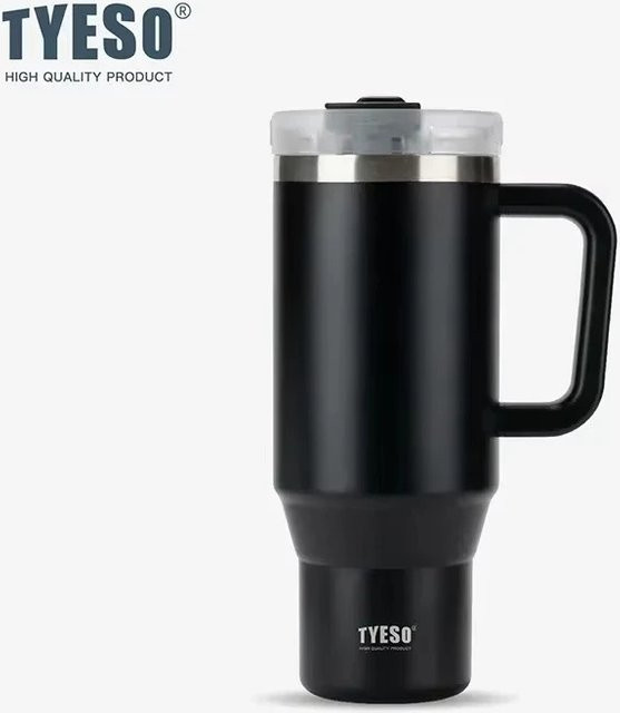 Tyeso Vakuum-Thermobecher mit Griff und Strohhalm aus Edelstahl in Schwarz, 1200 ml - Bild 1