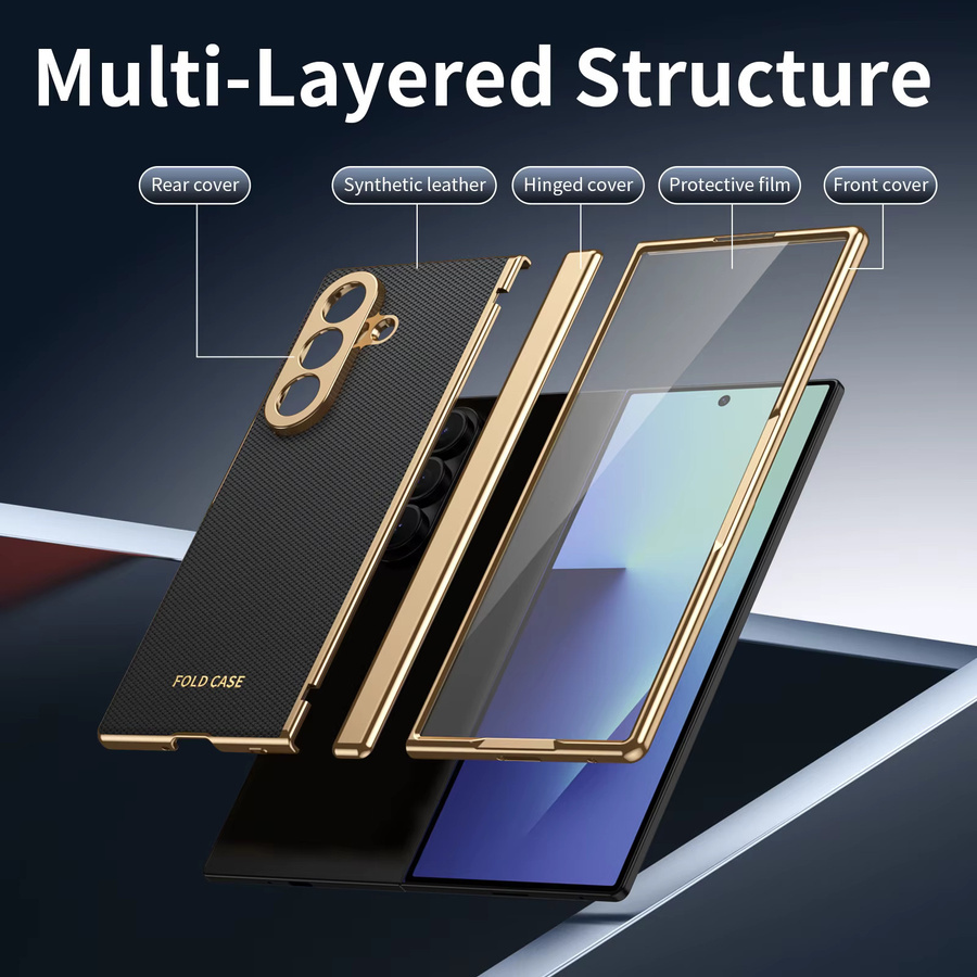 Stoßfeste Leder-Handyhülle mit Scharnierschutz und goldenem Rand für Samsung Galaxy Z Fold 7, 6, 5, 4, 3 in Schwarz, Blau oder Gold - Bild 4