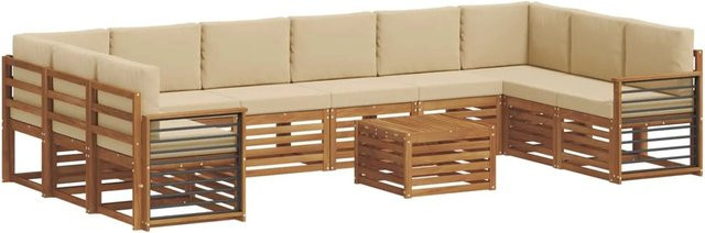 vidaXL Sofagarnitur aus Massivholz Akazie in Natur und Beige, 11-teiliges U-Form Sofa mit Polstern und Armlehnen - Bild 1
