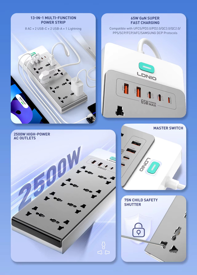 LDNIO 13-in-1 Steckdosenleiste in Weiß mit 2500W, 65W Ladestation, 8 AC-Steckdosen sowie USB-C und USB-A Anschlüssen - Bild 2