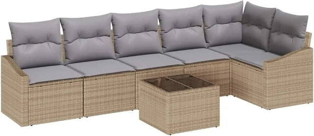 vidaXL Garten-Sofa-Set 7-teilig aus Poly Rattan in Beige mit Polsterung und Tisch im modernen L-Shape Design - Bild 1