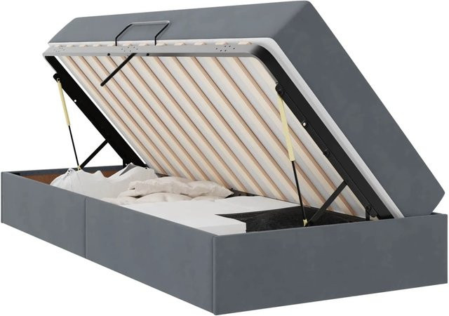 vidaXL Aufbewahrungsbett mit Matratze in Dunkelgrau aus Samt und Metall, B/T/H: 90 x 194 x 43,5 cm - Bild 1