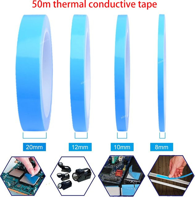 Doppelseitiges wärmeleitendes Transferband Blau, 50 Meter Rolle, Breite: 8 mm bis 20 mm, ideal für Chip, PCB, LED-Streifen und Kühlkörper - Bild 1