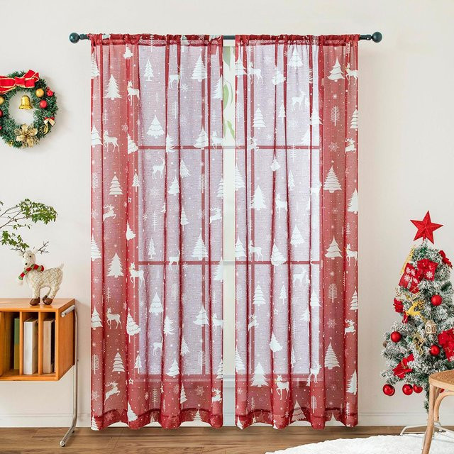 2er-Set rote Weihnachtsvorhänge mit Fliegengitter-Funktion, semi-transparent, B/H: 132 x 213 cm - Bild 1