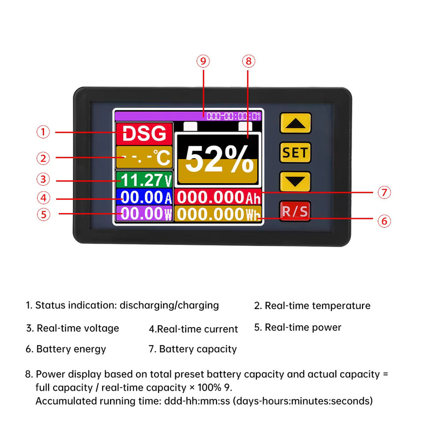 Aideepen Multifunktions-Voltmeter und Coulometer mit Shunt zur Messung von Spannung, Strom und Batteriekapazität DC7-200V, 0-500A mit 2,4 Zoll Ziffernanzeige - Bild 3