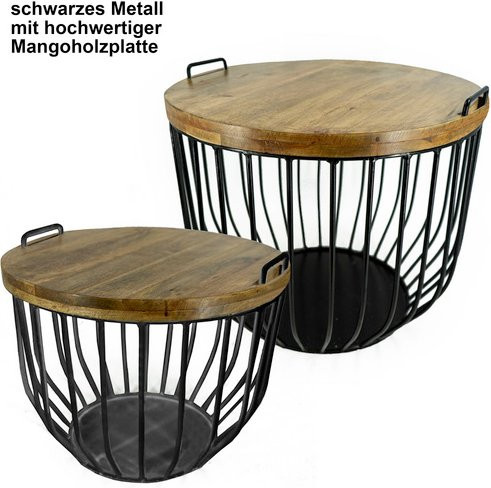 NOOR living Beistelltisch-Set aus Mangoholz und Metall in Schwarz, B/H: 59 x 48,5 cm - Bild 1