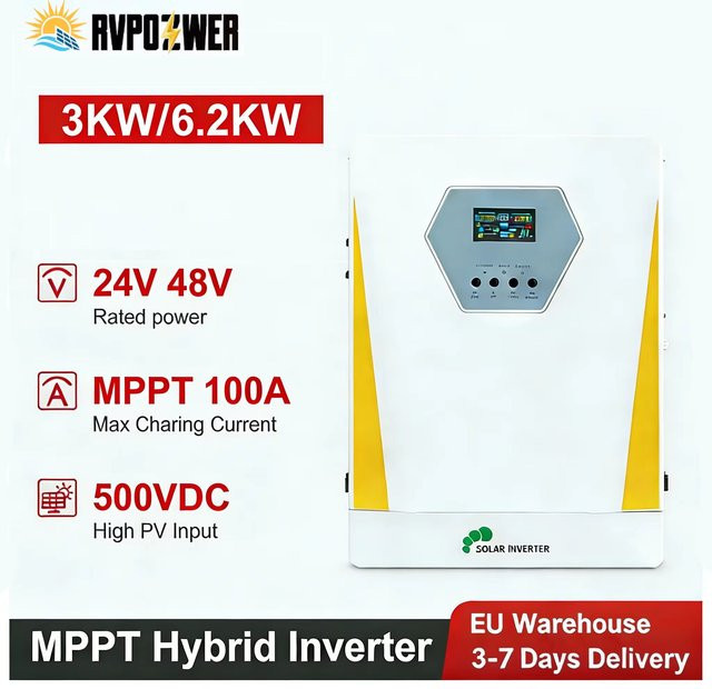 RVPOZWER Hybrid-Solarwechselrichter 3KW/6.2KW 24V DC zu 230V AC mit MPPT-Solarladegerät und LCD-Digitalanzeige in Weiß für Haus und Wohnmobil - Bild 1