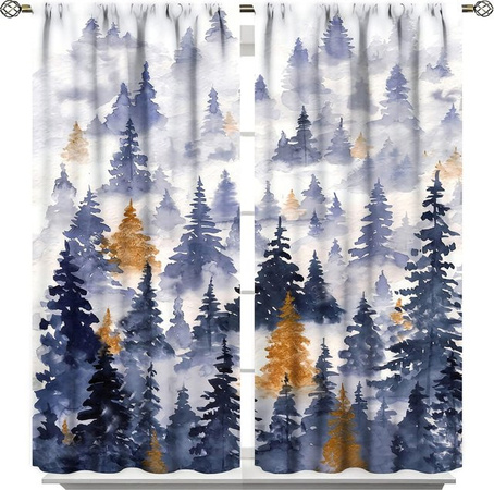 Landhaus Vorhang mit Wildtier-Print Bär Hirsch Fuchs Wolf, 2er-Set halb-verdunkelnd, Blau, B/H: 100 x 130 cm