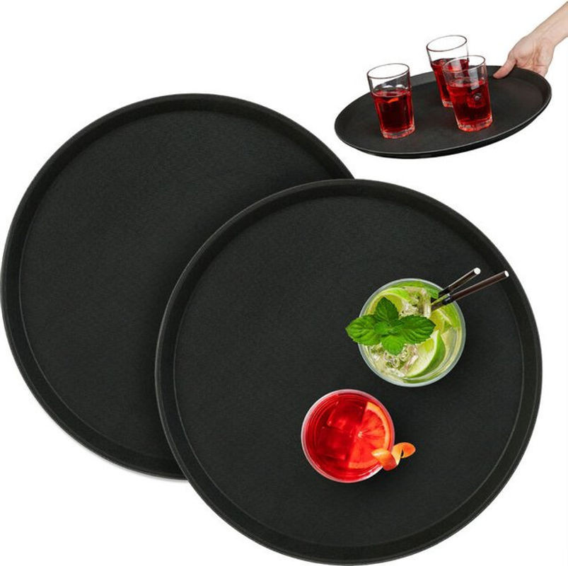 2er Set rutschfeste Serviertabletts von Relaxdays, rund, Durchmesser: 40 cm, Schwarz - Bild 1